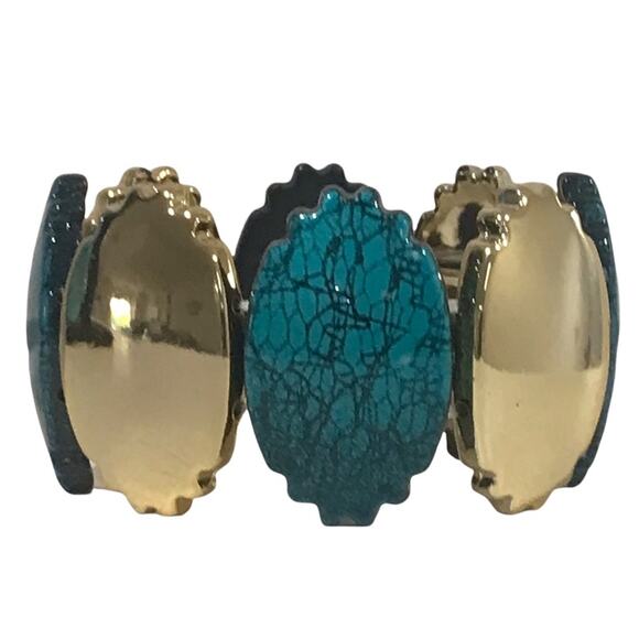 Costume Jewelry Stretch Bracelet Alternating Shiny Gold & Turquoise 1 5/8” Wide - Picture 2 of 5
